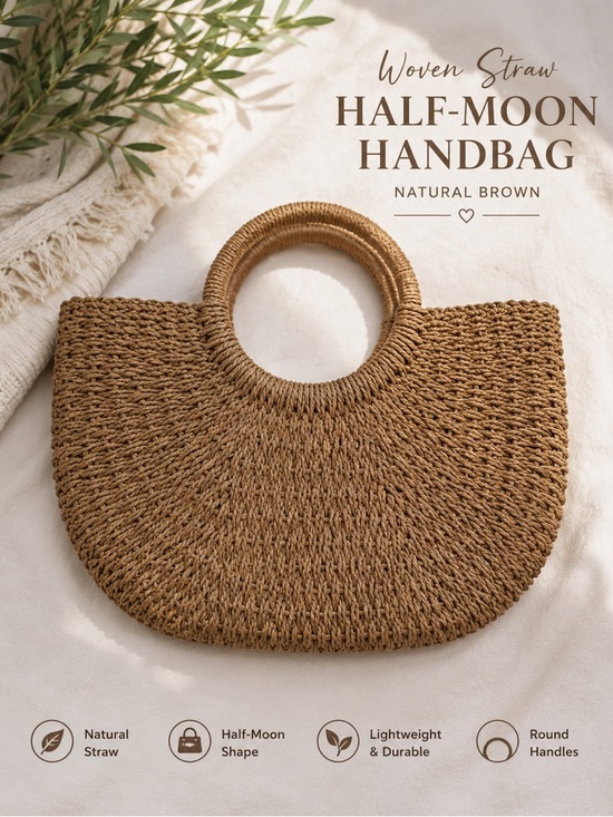 Handbags - Like New - Woven Straw Half-Moon Handbag in Natural Brown